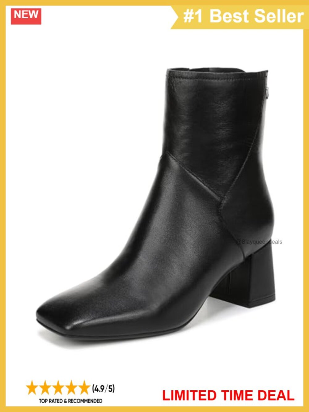 Leather Ankle Bootie Square Toe Block Heel Side Zip Dress Boot